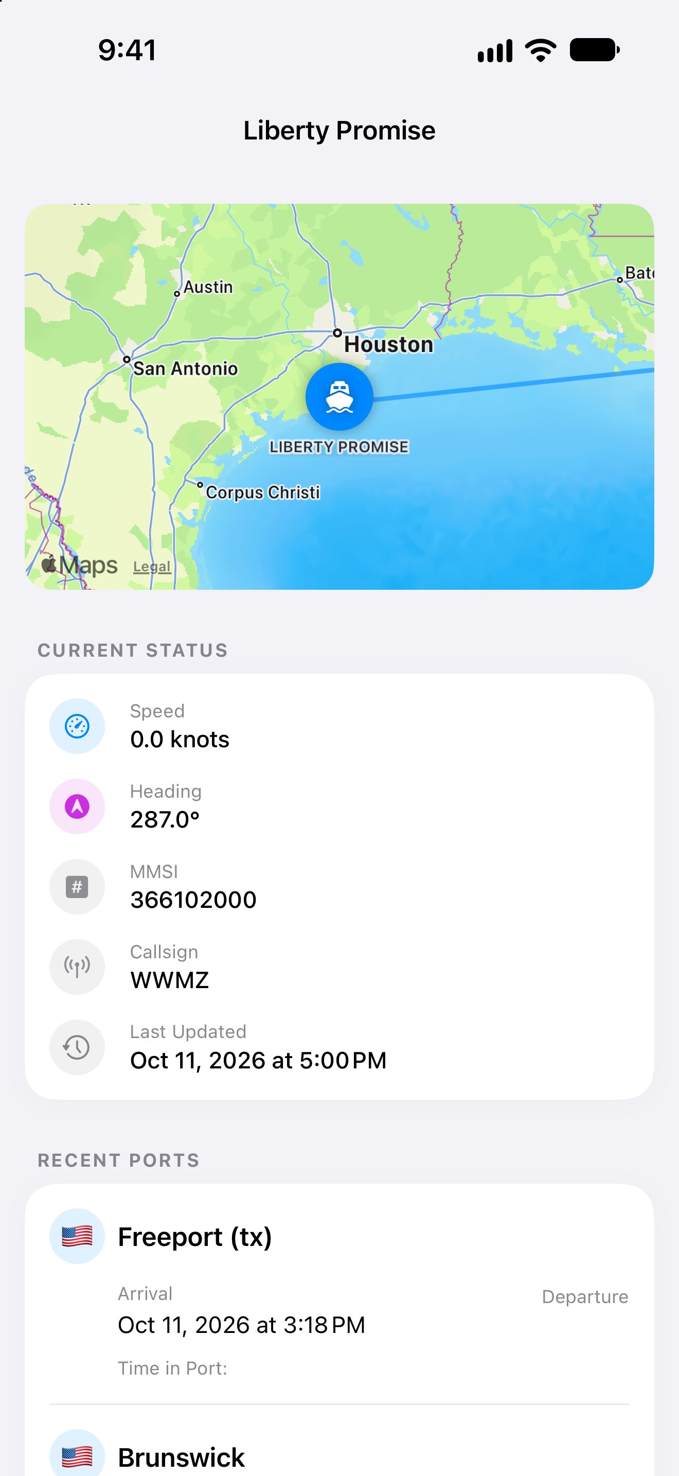 Vessel map, destination, and estimated arrival in the iPhone app