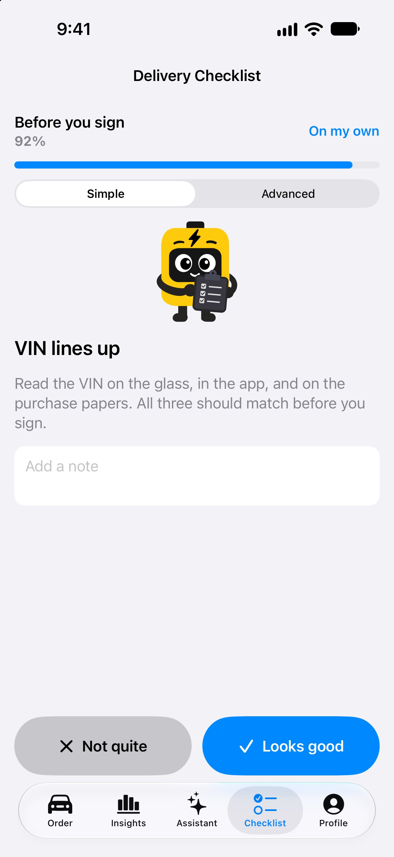 Delivery inspection checklist in the iPhone app