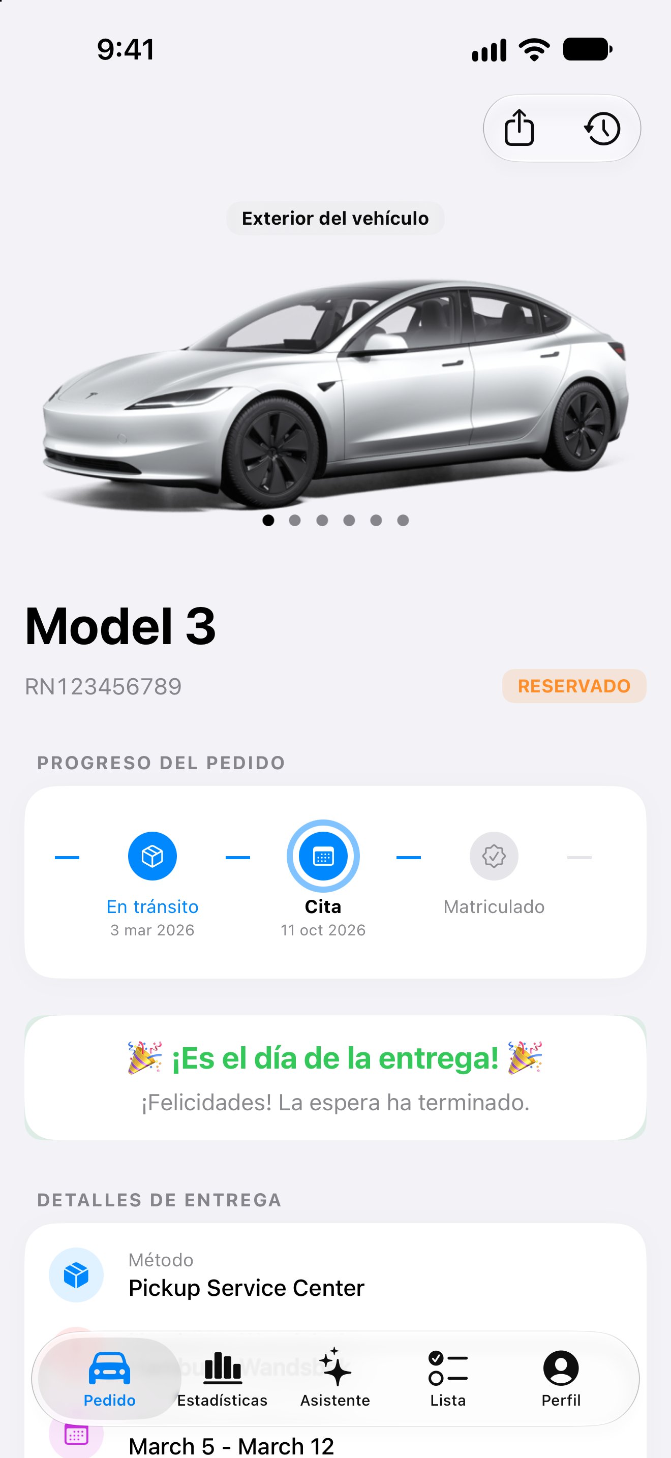 Progreso de pedido Model 3, ventana y detalles de entrega en la aplicación iPhone