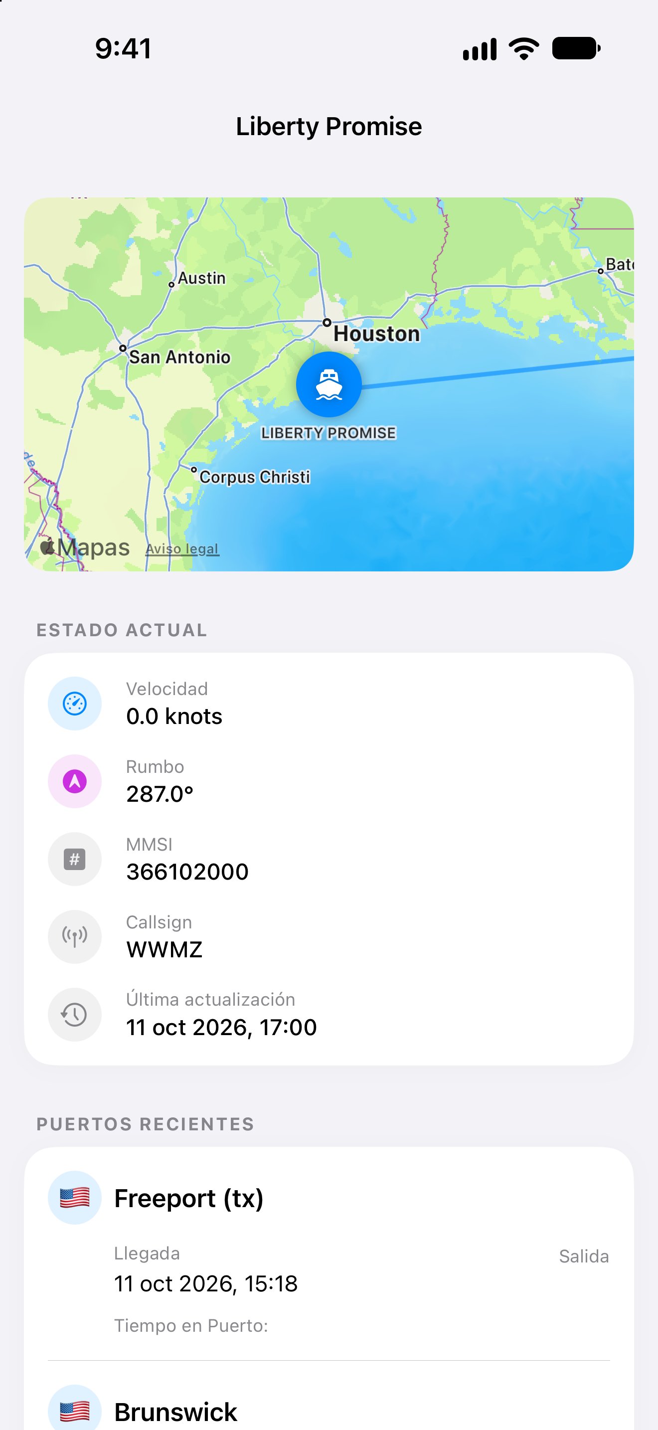 Mapa del buque, destino y llegada estimada en la aplicación iPhone
