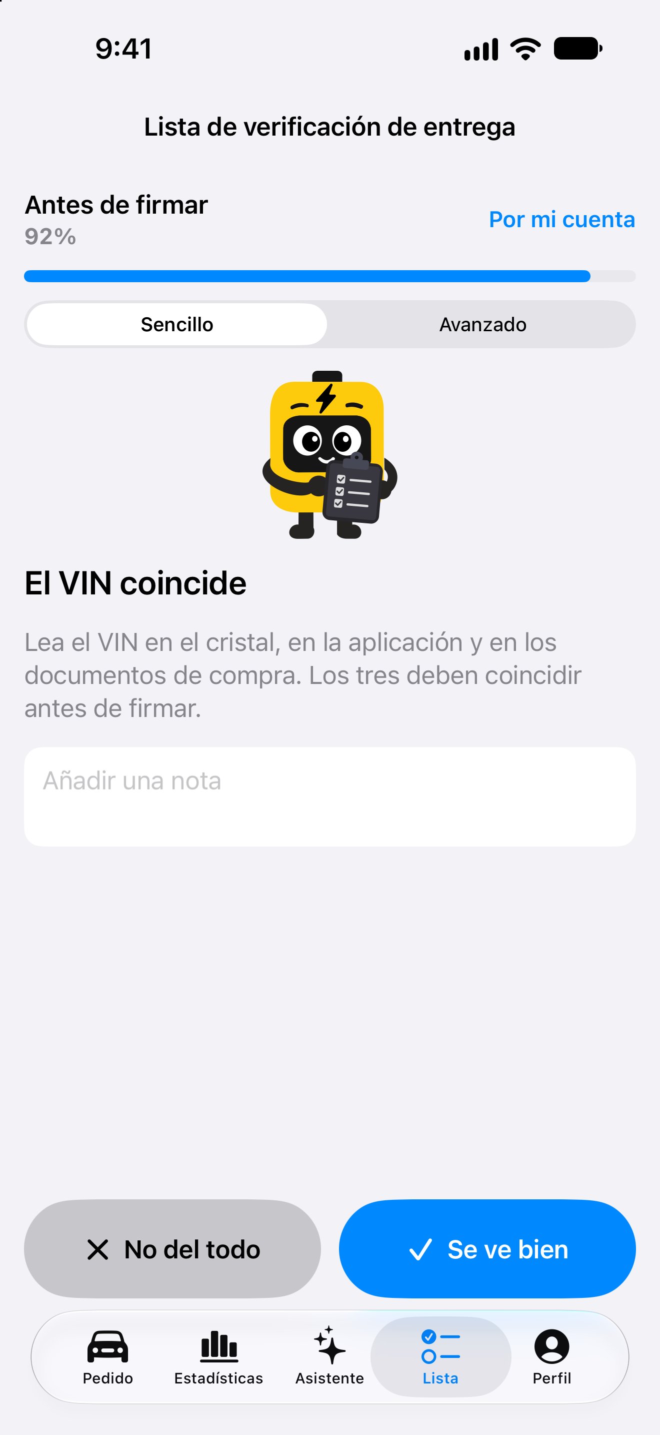 Lista de inspección de entrega en la aplicación iPhone