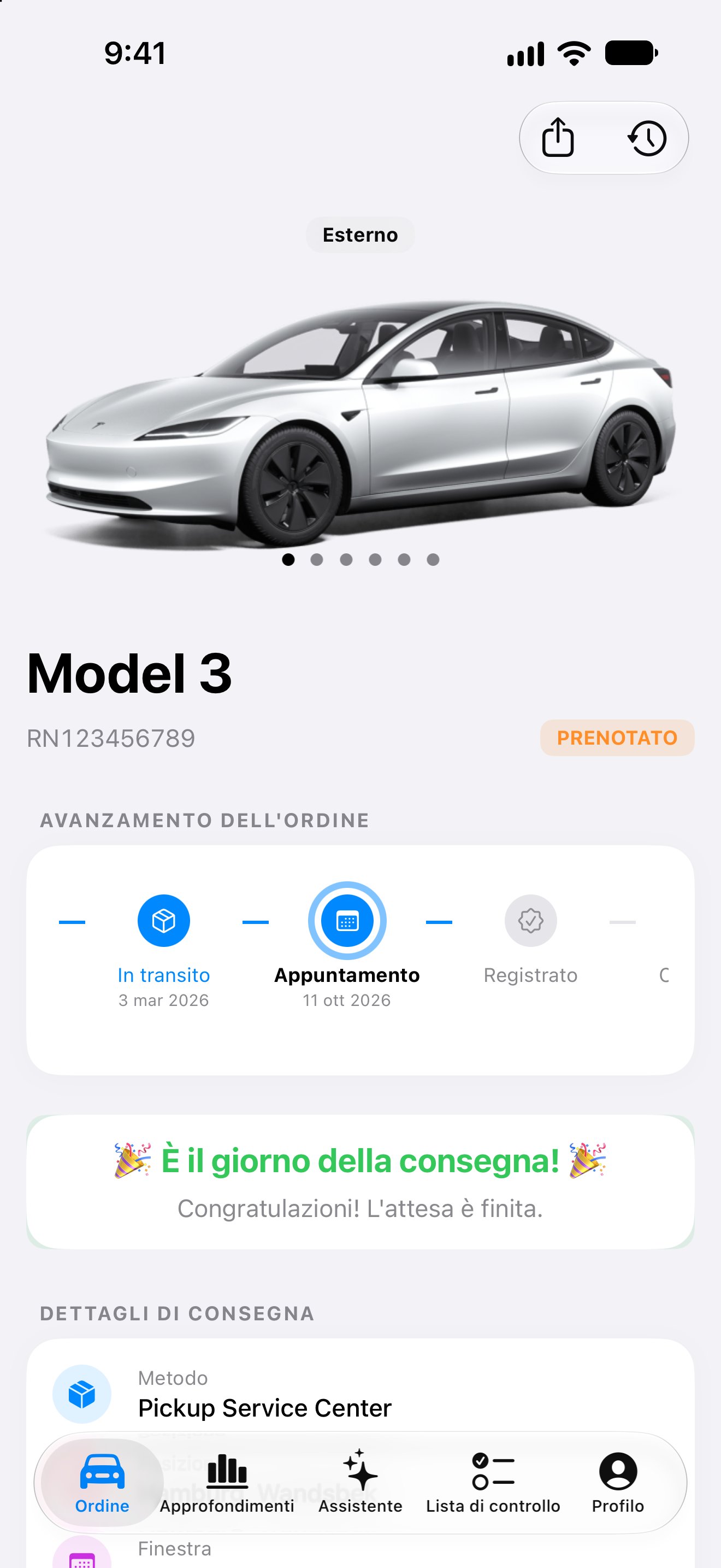 Avanzamento ordine Model 3, finestra e dettagli di consegna nell’app iPhone
