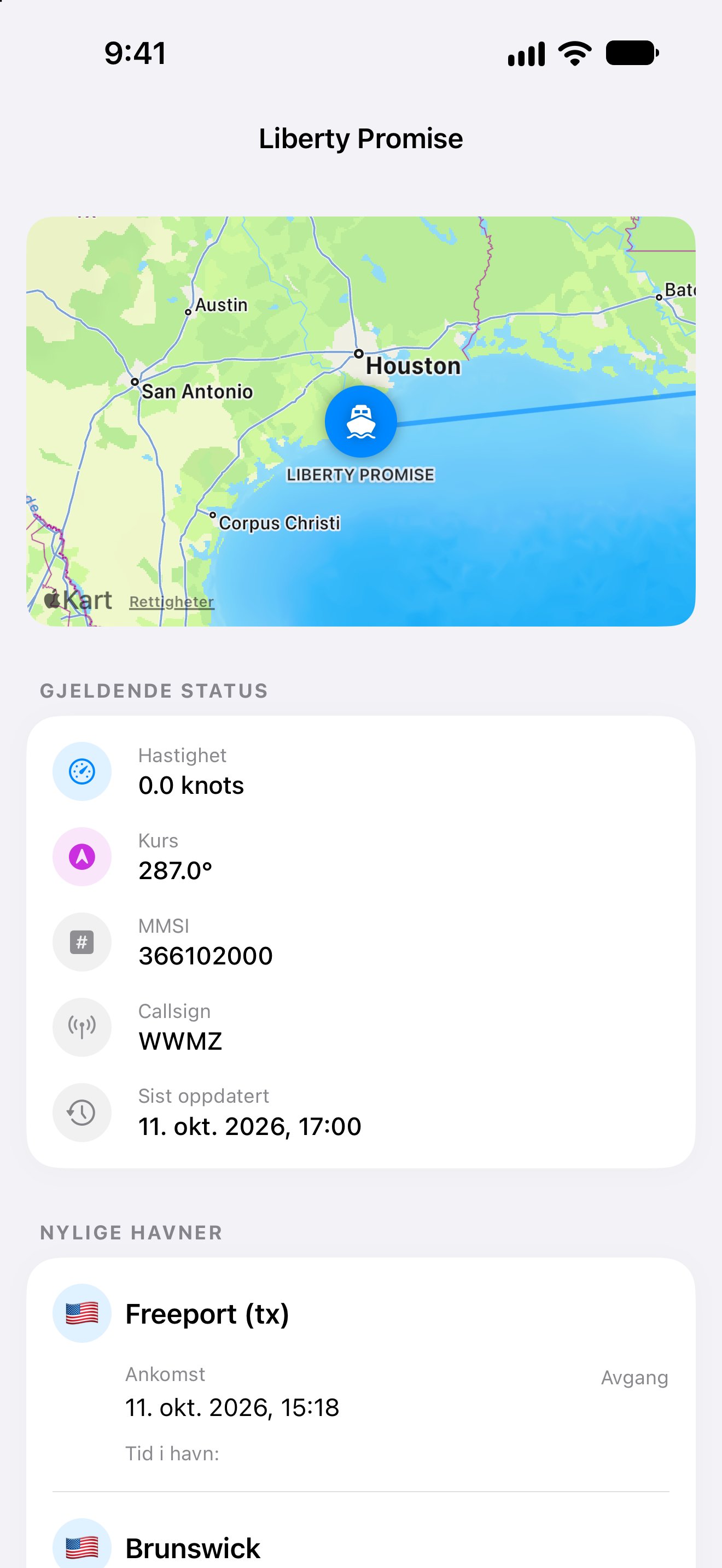 Skipskart, destinasjon og anslått ankomst i iPhone-appen