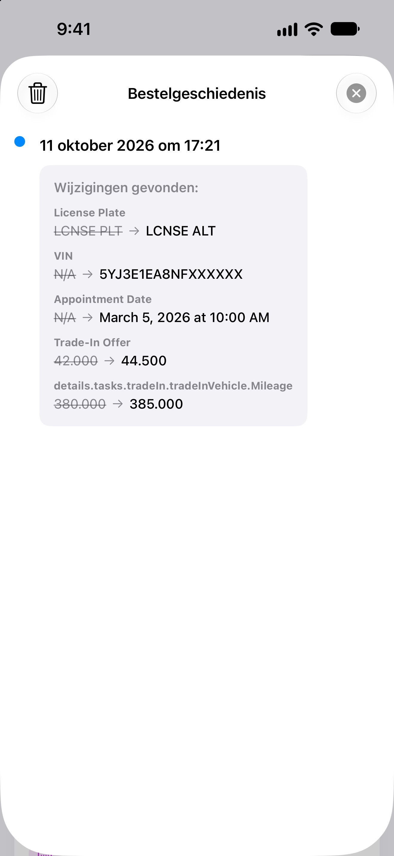 Bestelhistorie met oude en nieuwe waarden in de iPhone-app